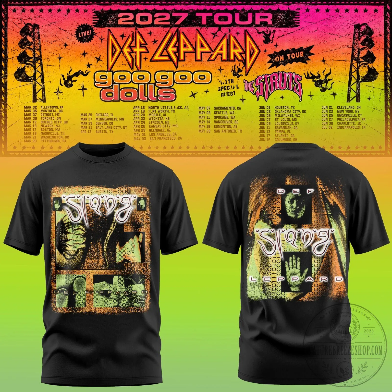 Def Leppard Black T-Shirt for 2027 Tour - Retro Rock Band Concert Tee