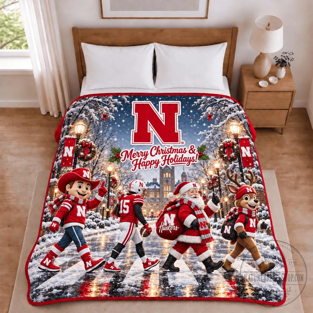 Nebraska Cornhuskers Christmas Holiday Football Winter Scene Blanket