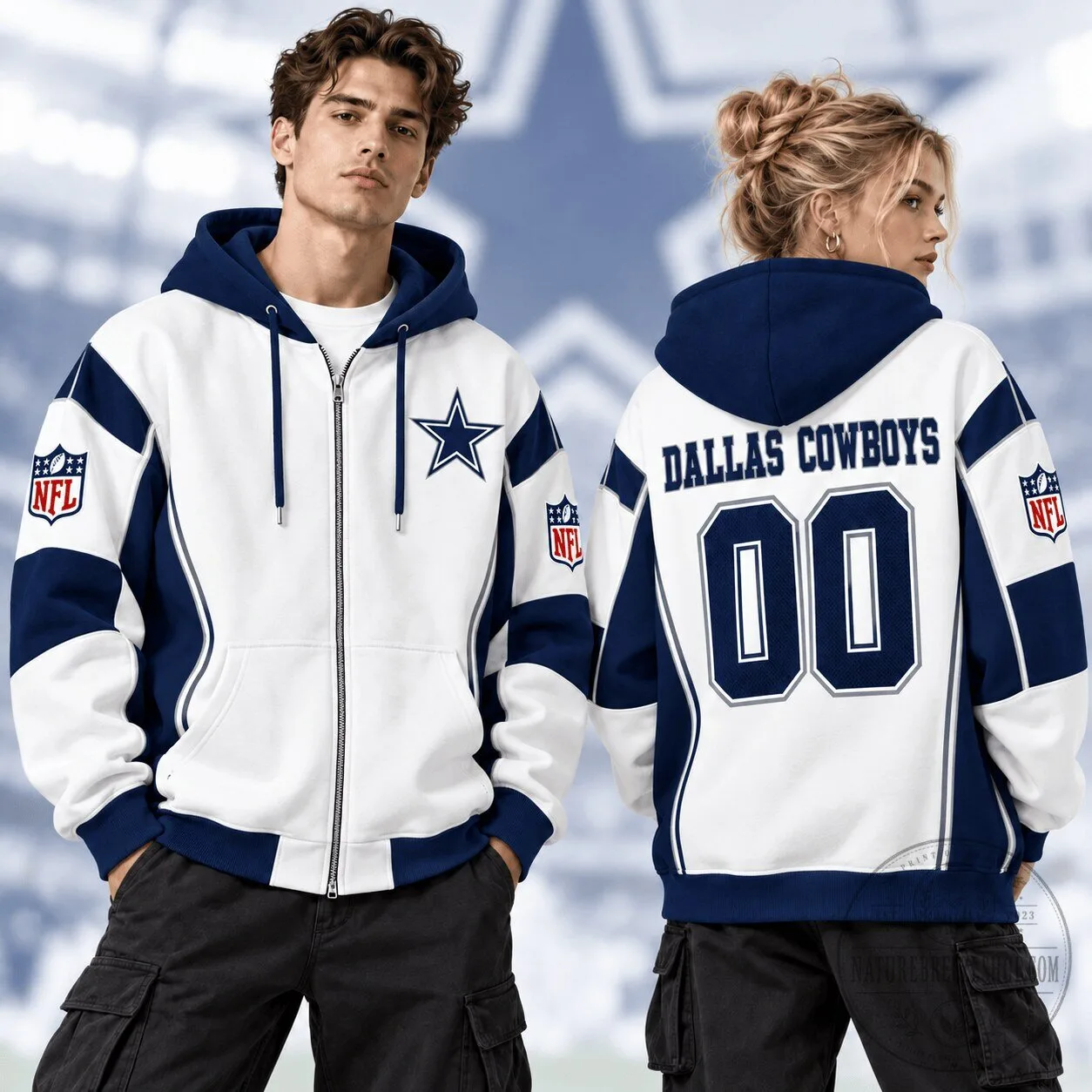 Dallas Cowboys Football Team White and Navy Full-Zip Hoodie for Fans