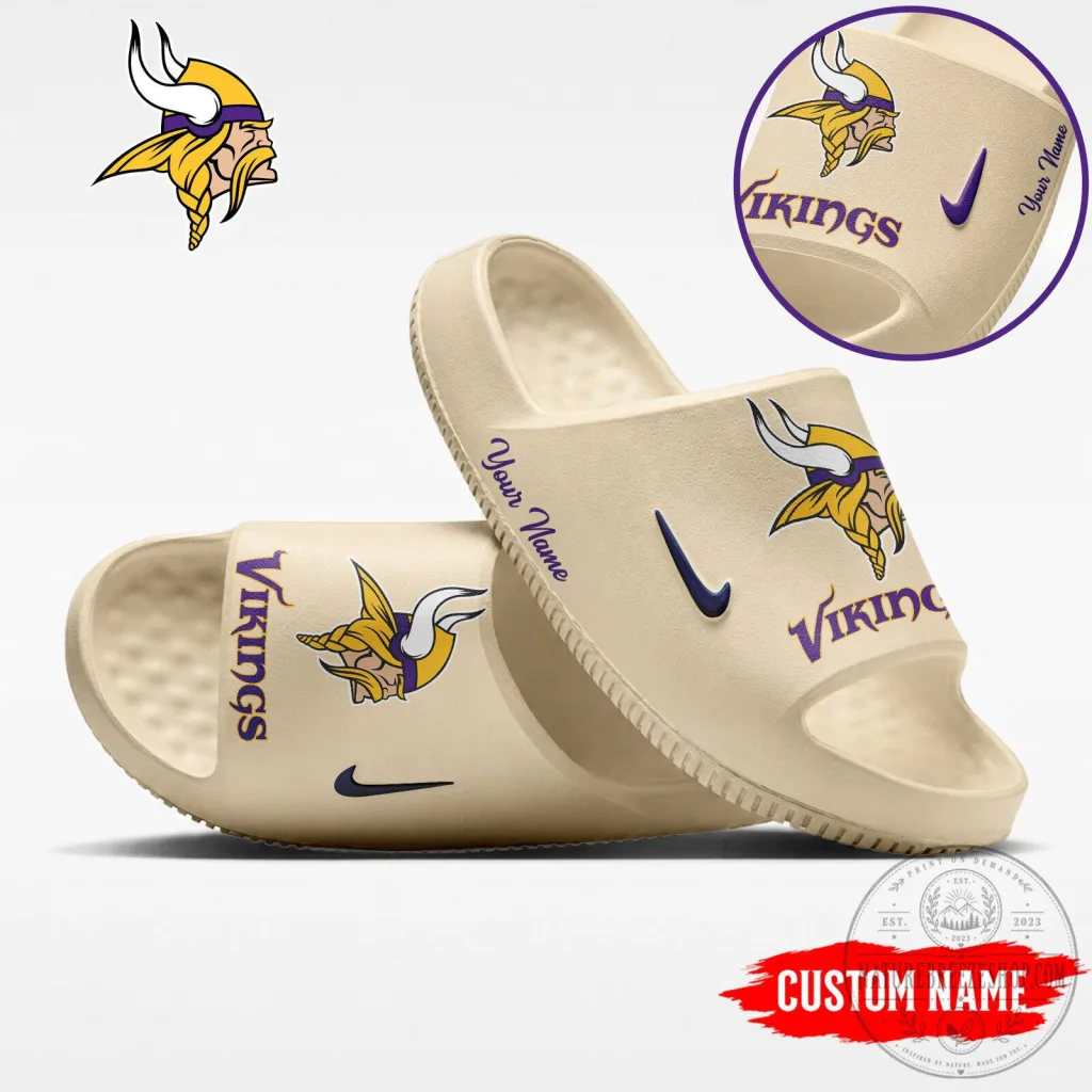Minnesota Vikings Custom Name Nike Logo Cream Slide Sandals Minnesota Vikings Custom Name Nike Logo Cream Slide Sandals
