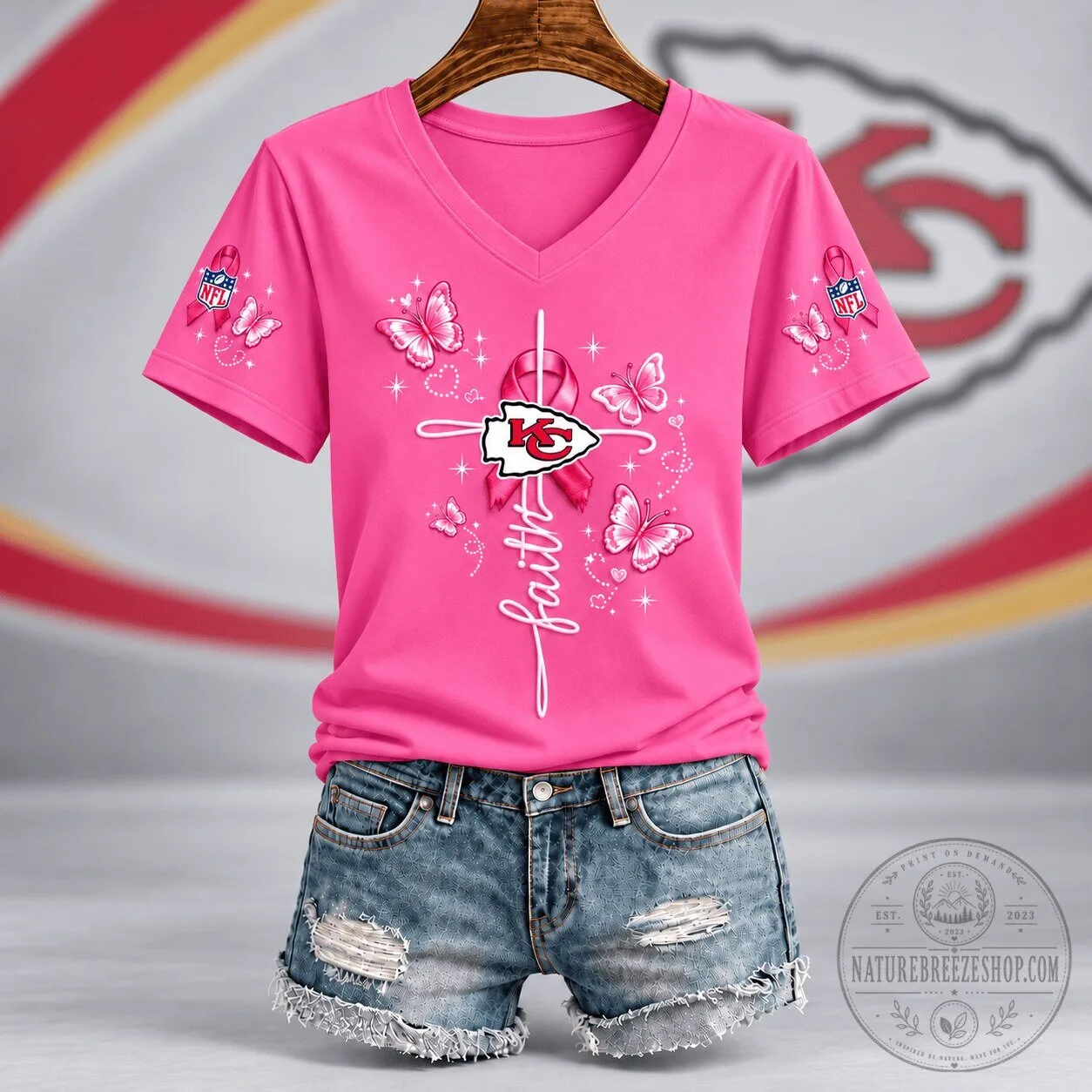 Kansas City Chiefs Faith Hope Love Breast Cancer Awareness Pink T-Shirt