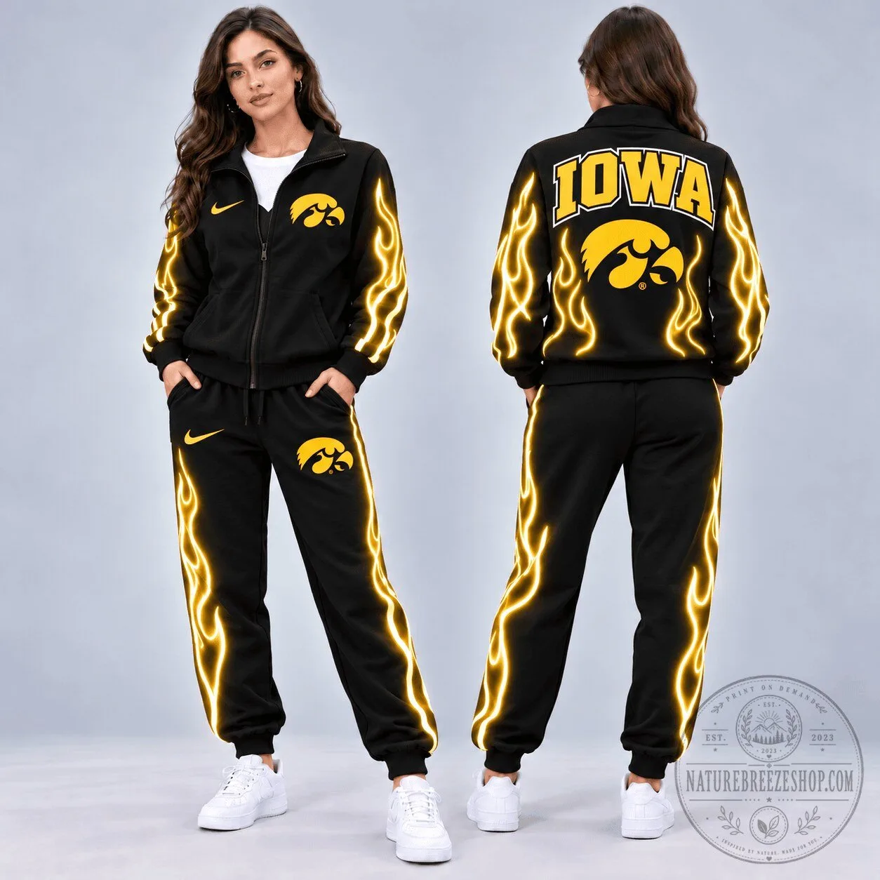Iowa Hawkeyes Neon Inferno Flames Black Tracksuit Set