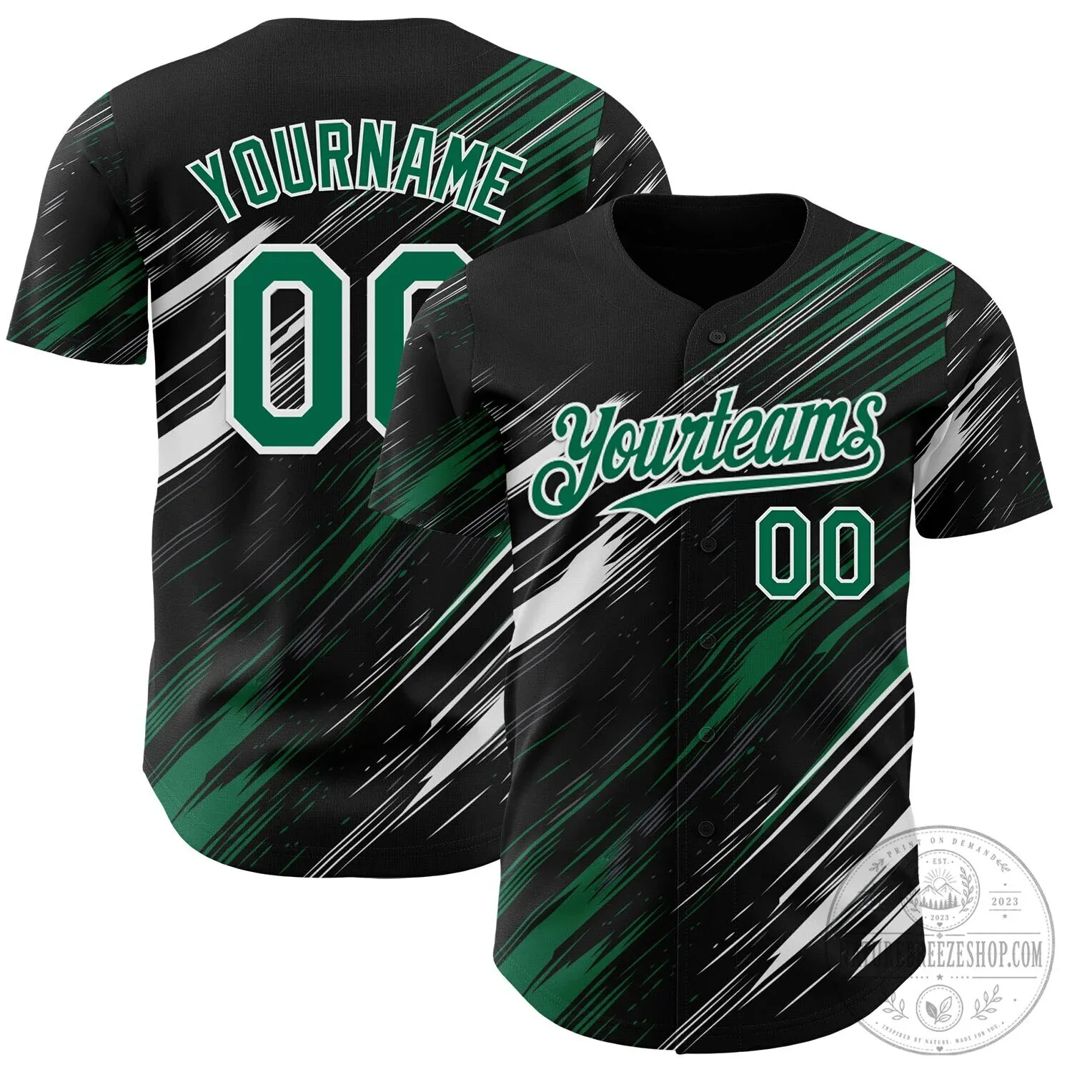 Personalized Baseball Jersey with Black, Kelly Green, and White Diagonal Brush Stroke Design