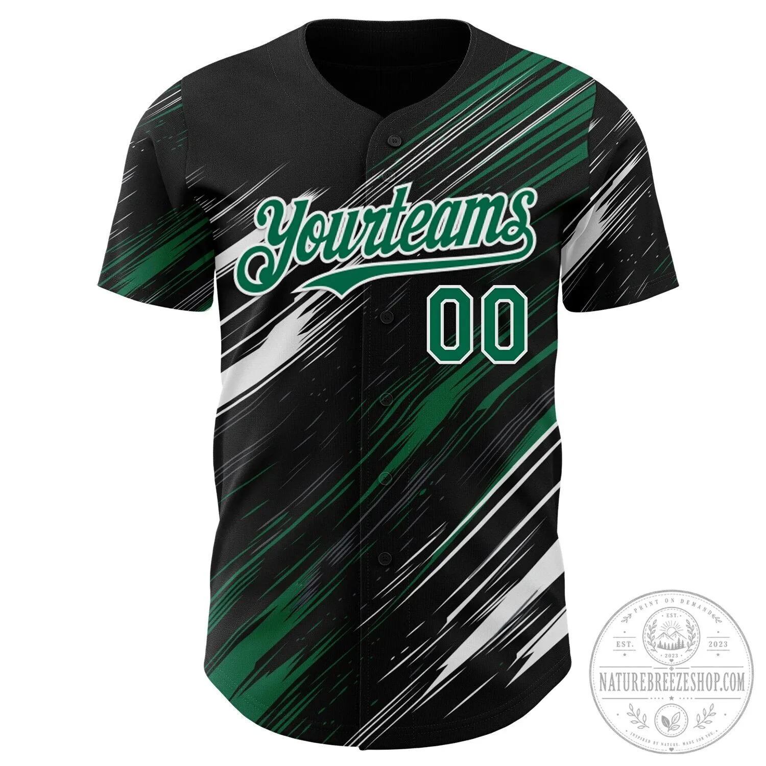 Personalized Baseball Jersey with Black, Kelly Green, and White Diagonal Brush Stroke Design 10 Personalized Baseball Jersey with Black, Kelly Green, and White Diagonal Brush Stroke Design