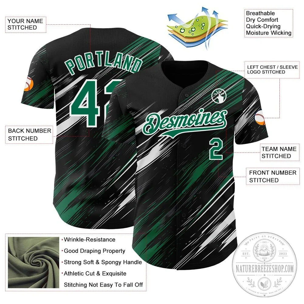 Personalized Baseball Jersey with Black, Kelly Green, and White Diagonal Brush Stroke Design 11 Personalized Baseball Jersey with Black, Kelly Green, and White Diagonal Brush Stroke Design