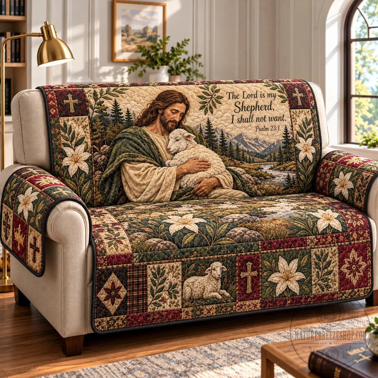 Jesus The Lord Is My Shepherd Quilted Sofa Cover
