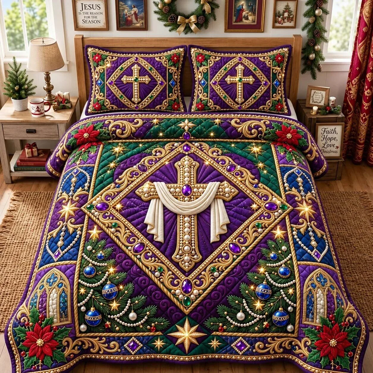 Royal Purple Faith Cross Christmas Holiday Quilted Bedding Set