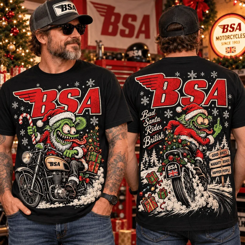 BSA Bad Santa Rides British Christmas Motorcycle Graphic T-Shirt BSA Bad Santa Rides British Christmas Motorcycle Graphic T-Shirt