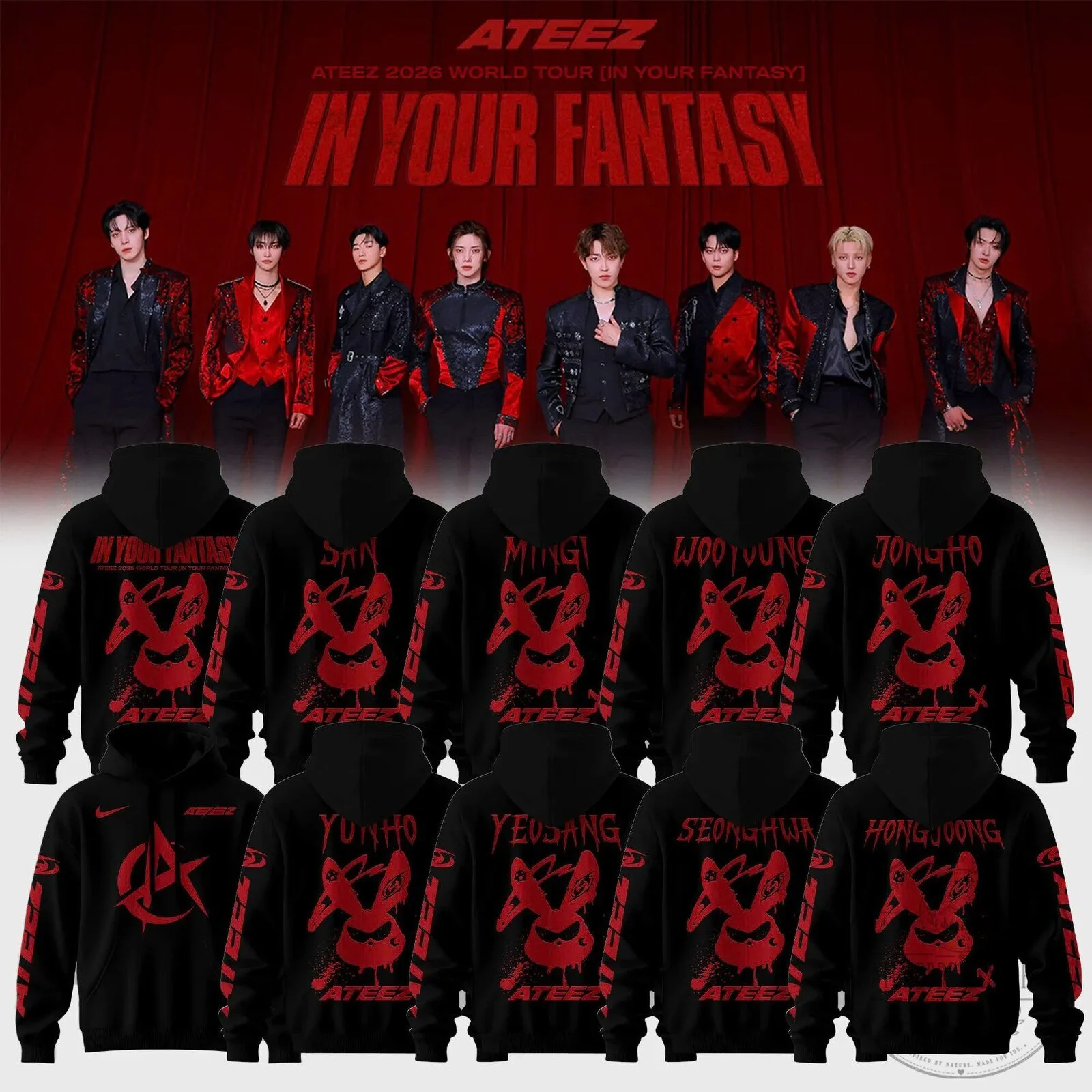 ATEEZ In Your Fantasy World Tour 2026 K-Pop Group Black Hoodie