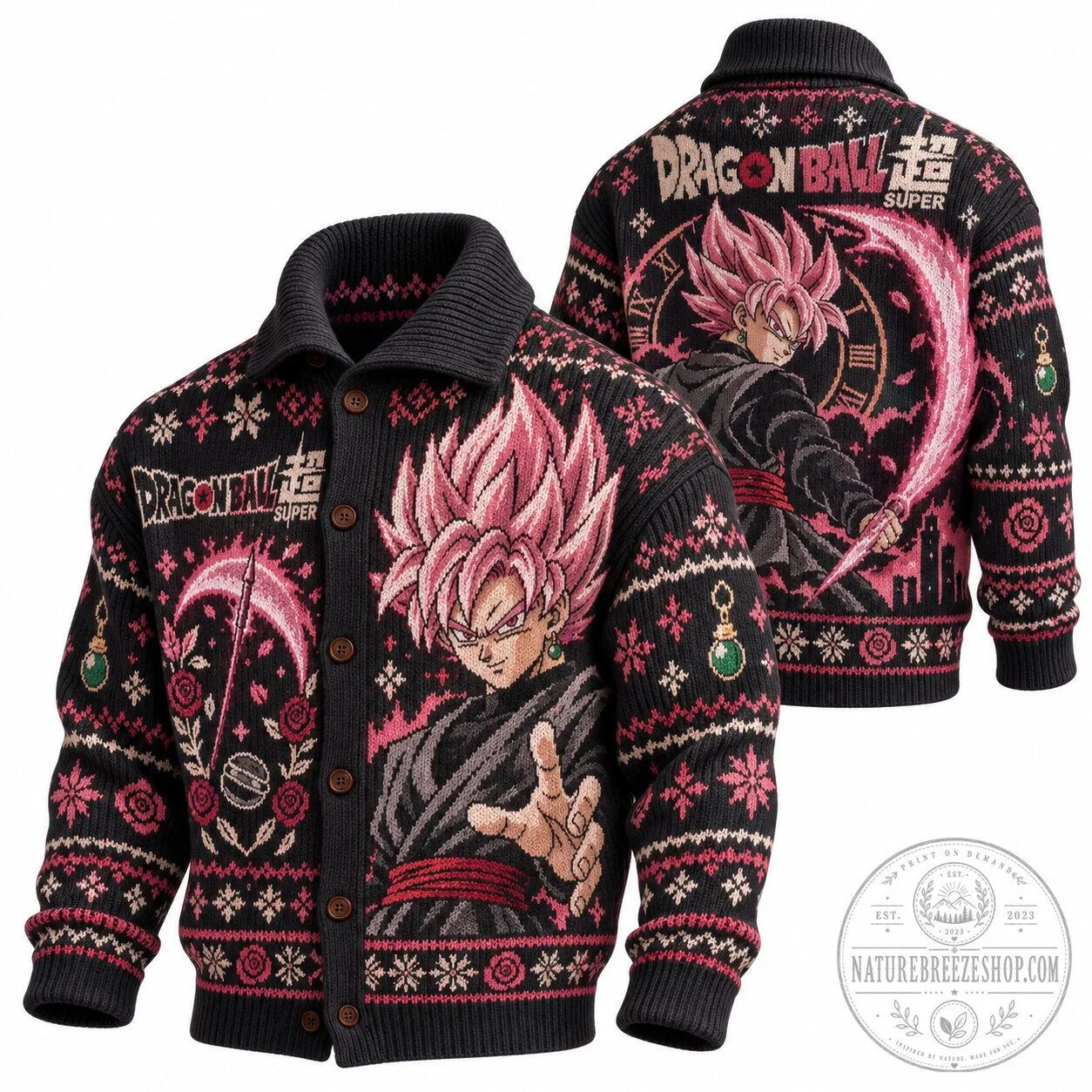 Dragon Ball Super Goku Black Rose Pink Ugly Christmas Sweater Cardigan 1 Dragon Ball Super Goku Black Rose Pink Ugly Christmas Sweater Cardigan