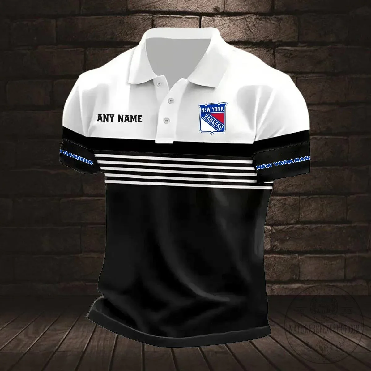 New York Rangers Personalized Striped Black and White Polo Shirt 8 New York Rangers Personalized Striped Black and White Polo Shirt