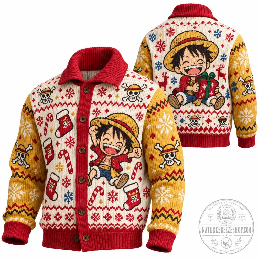 One Piece Monkey D. Luffy Ugly Christmas Sweater Cardigan One Piece Monkey D. Luffy Ugly Christmas Sweater Cardigan
