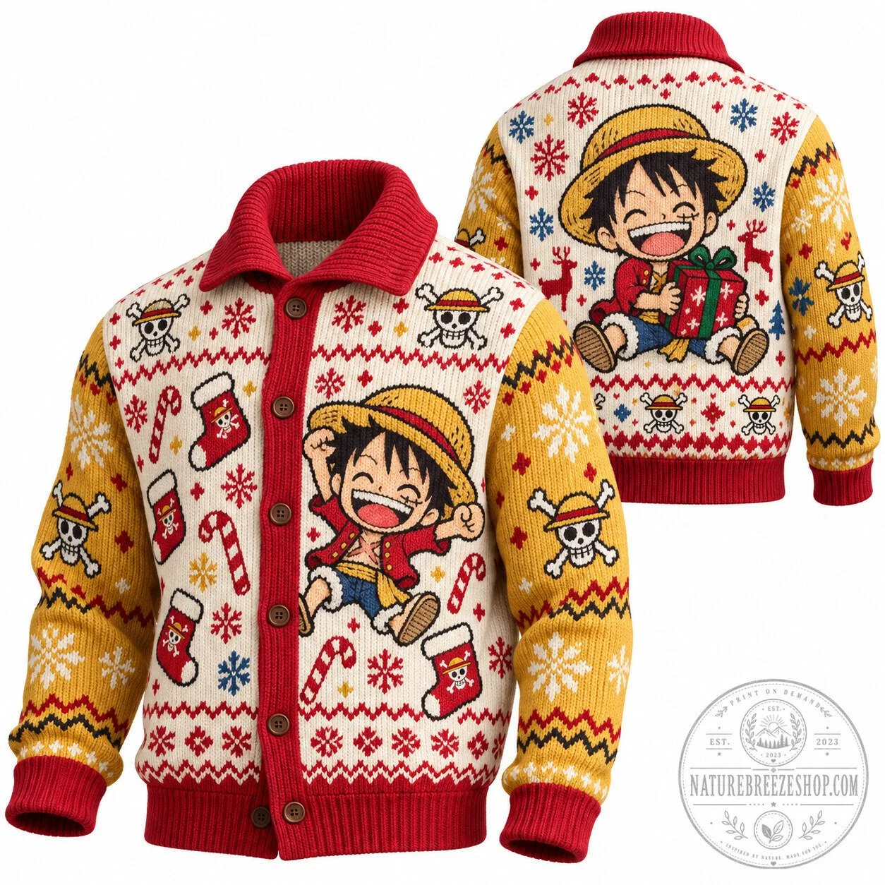 One Piece Monkey D. Luffy Ugly Christmas Sweater Cardigan 2 One Piece Monkey D. Luffy Ugly Christmas Sweater Cardigan