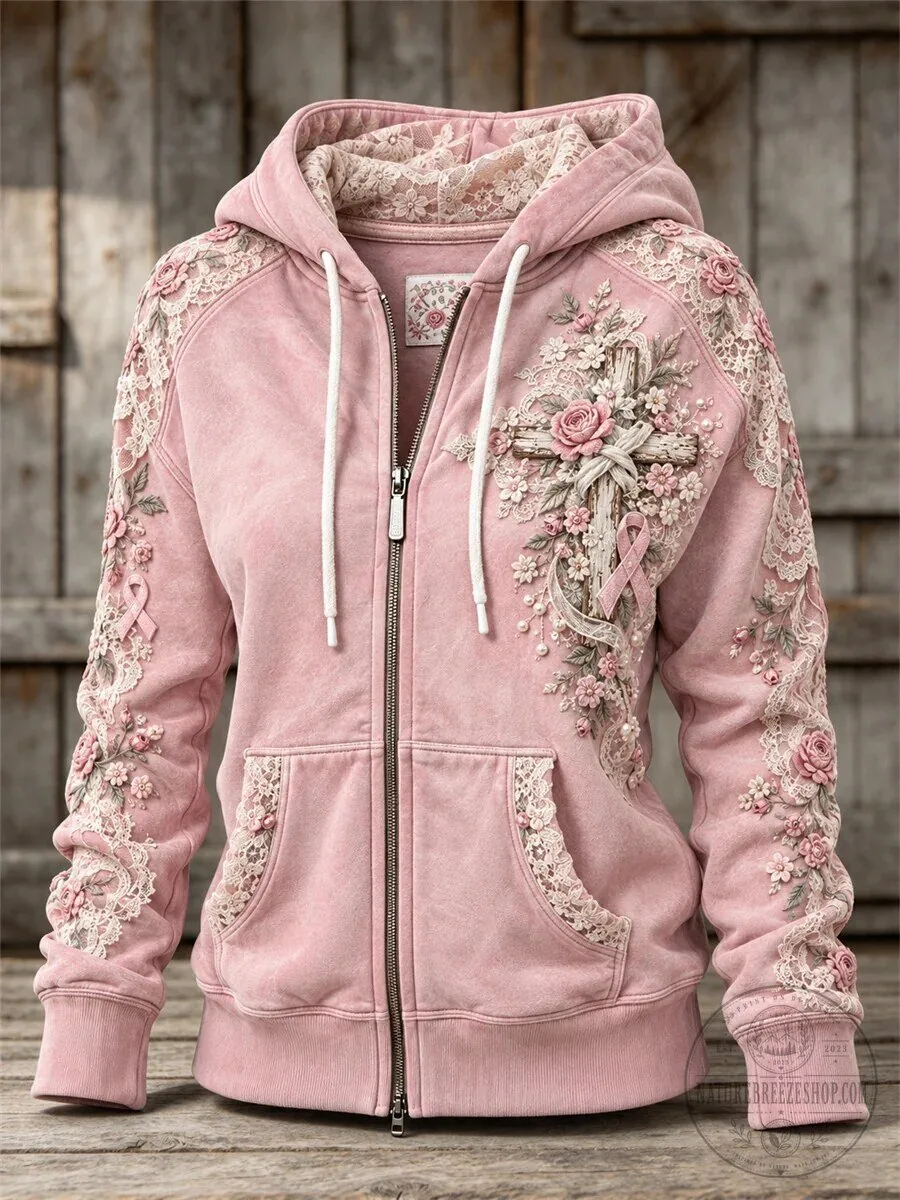 Pink Roses Christian Cross Floral Lace Art Print Full Zip Hoodie for Women 2 Pink Roses Christian Cross Floral Lace Art Print Full Zip Hoodie for Women