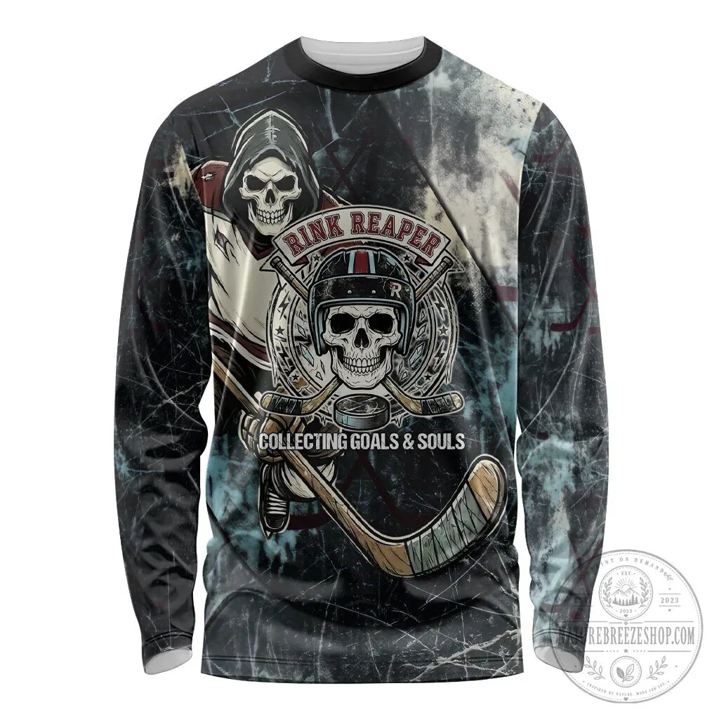 Ice Hockey Rink Reaper Grim Reaper Skeleton Collecting Goals And Souls Long-Sleeve Shirt
