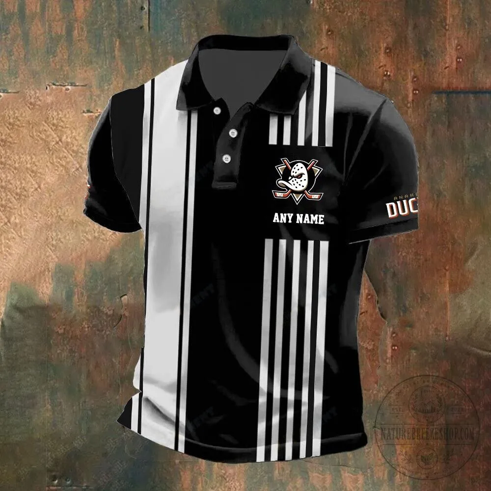 Anaheim Ducks Personalized Black White Striped Hockey Team Polo Shirt