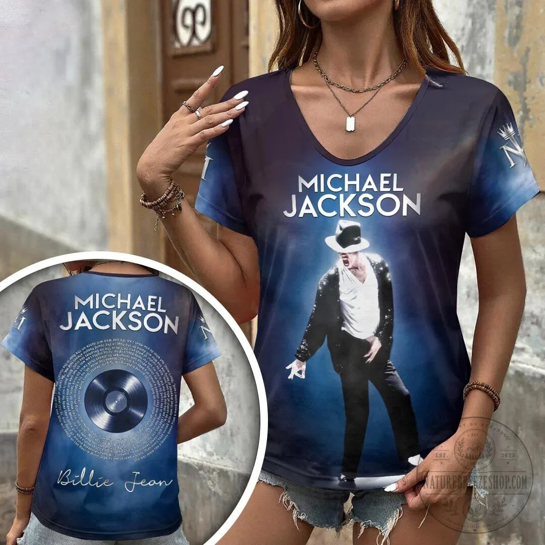 Michael Jackson Billie Jean Album Cover V-Neck T-Shirt for Women 2 Michael Jackson Billie Jean Album Cover V-Neck T-Shirt for Women