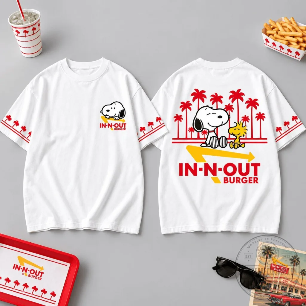 Snoopy and Woodstock In-N-Out Burger Palm Tree White Graphic T-Shirt for Fans Snoopy and Woodstock In-N-Out Burger Palm Tree White Graphic T-Shirt for Fans