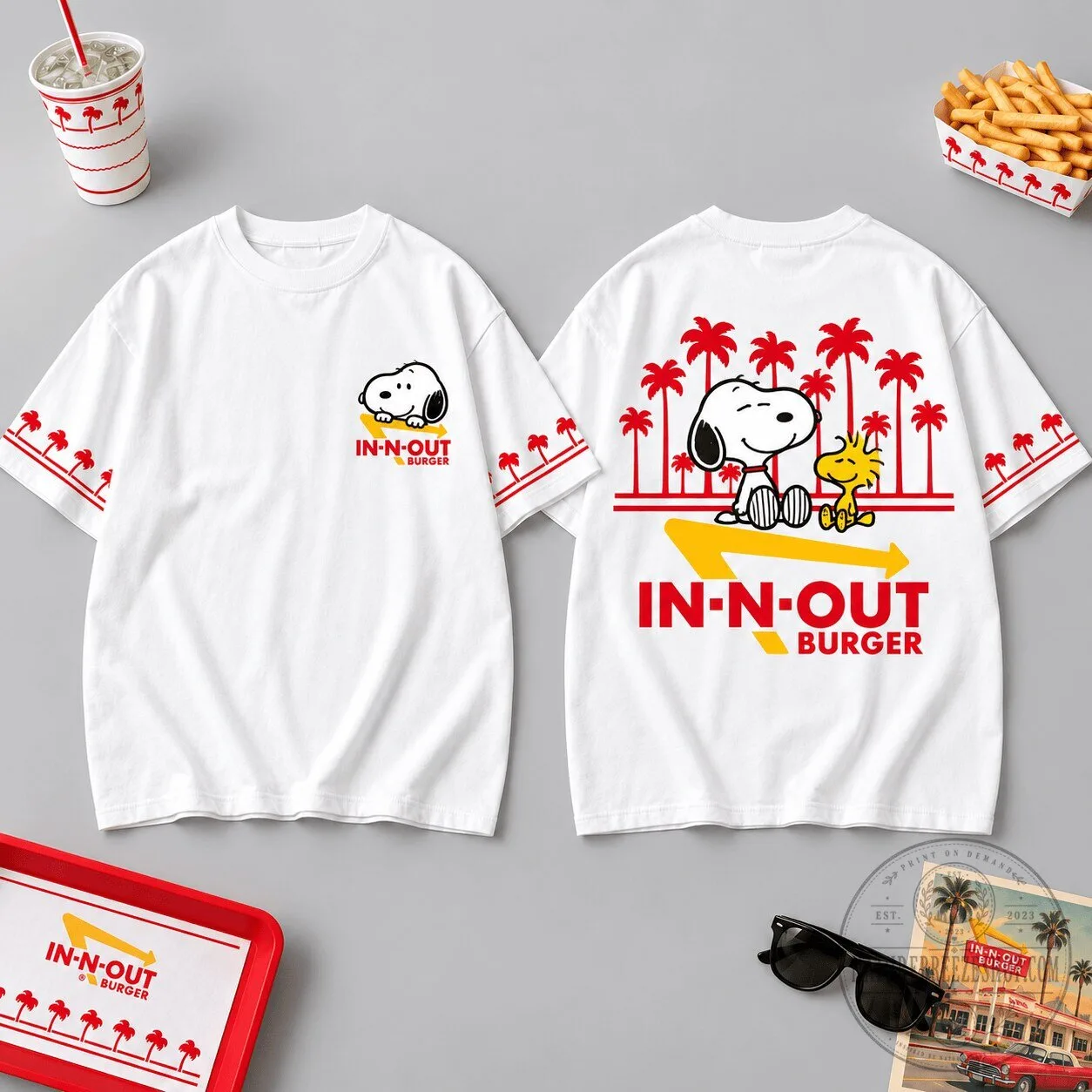Snoopy and Woodstock In-N-Out Burger Palm Tree White Graphic T-Shirt for Fans