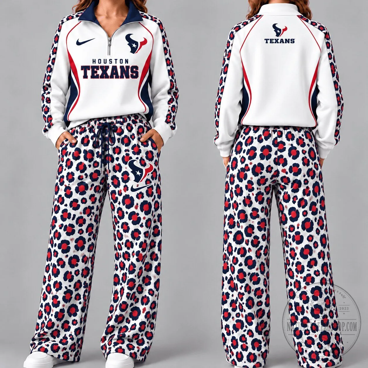 Houston Texans Women's Leopard Print Tracksuit Hoodie and Sweatpants Set 1 Houston Texans Women's Leopard Print Tracksuit Hoodie and Sweatpants Set