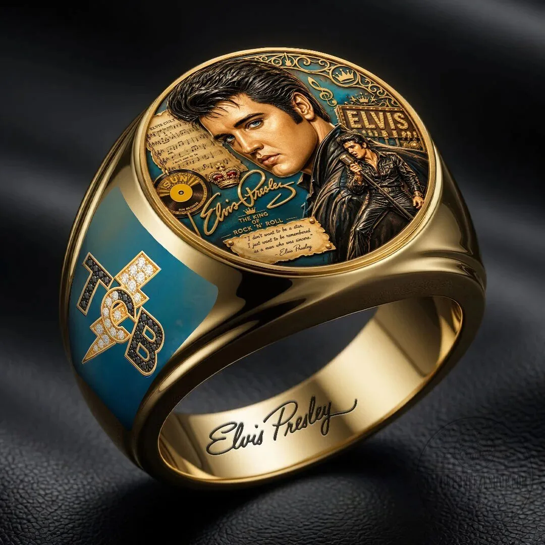 Elvis Presley The King of Rock and Roll Gold Tone Musical Notes Ring