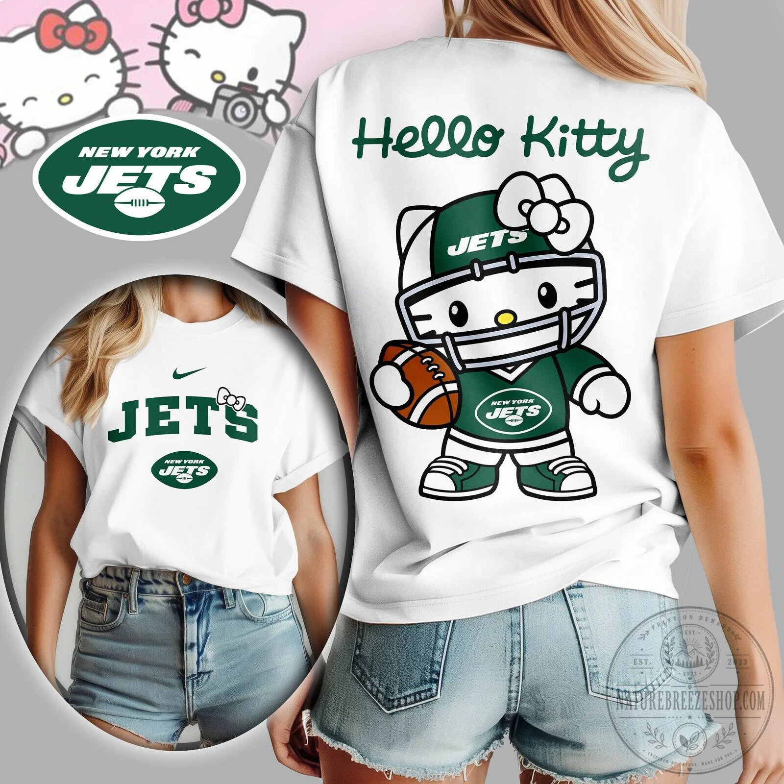 New York Jets Hello Kitty Football Fan Graphic White Short Sleeve T-Shirt