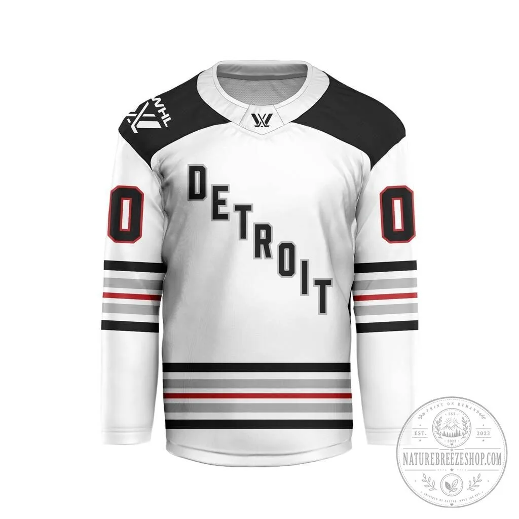 Detroit White Black Red Striped Personalized Ice Hockey Jersey