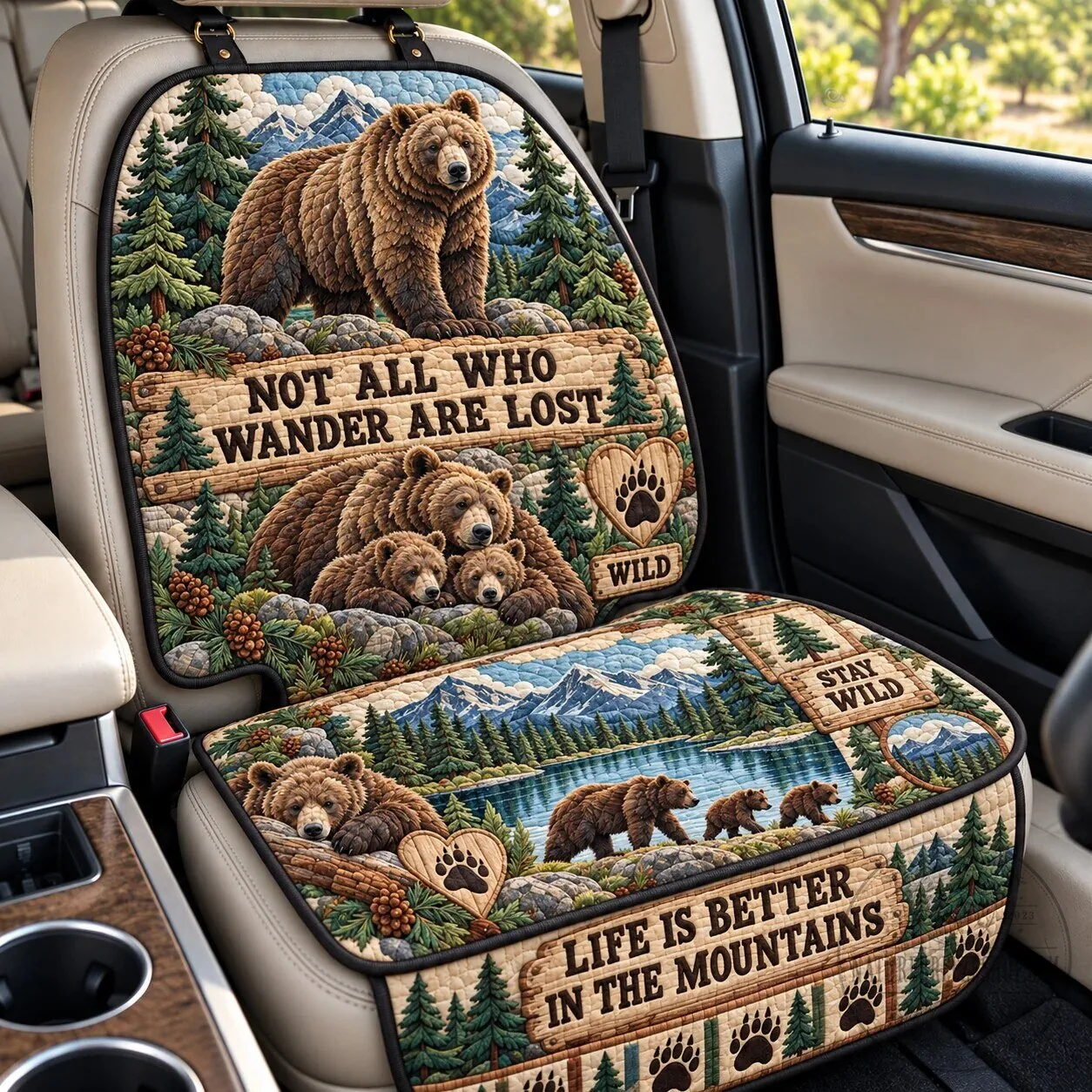 Wild Bear Mountain Adventure Quilted Car Seat Protector Cover