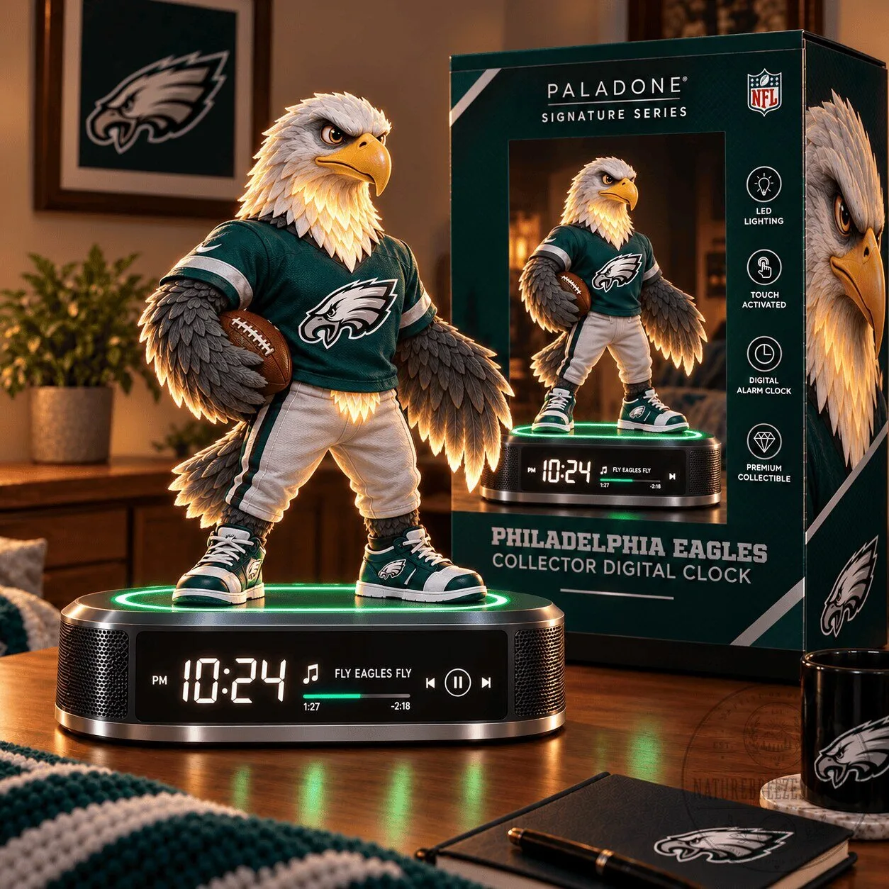 Philadelphia Eagles Collector Digital Alarm Clock with LED Lighting and Music Player