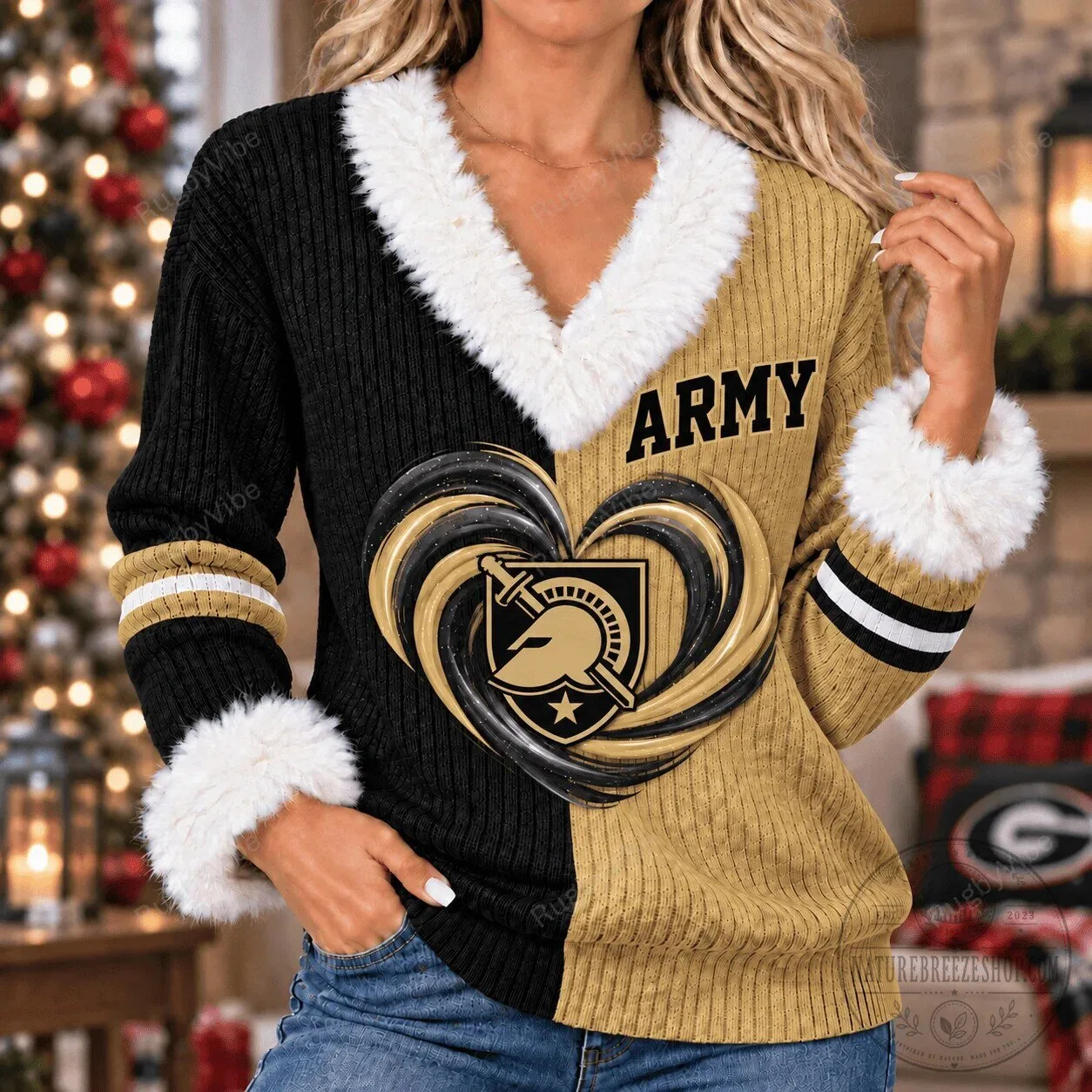 Army Black Knights Two-Tone Faux Fur Trimmed V-Neck Sweater