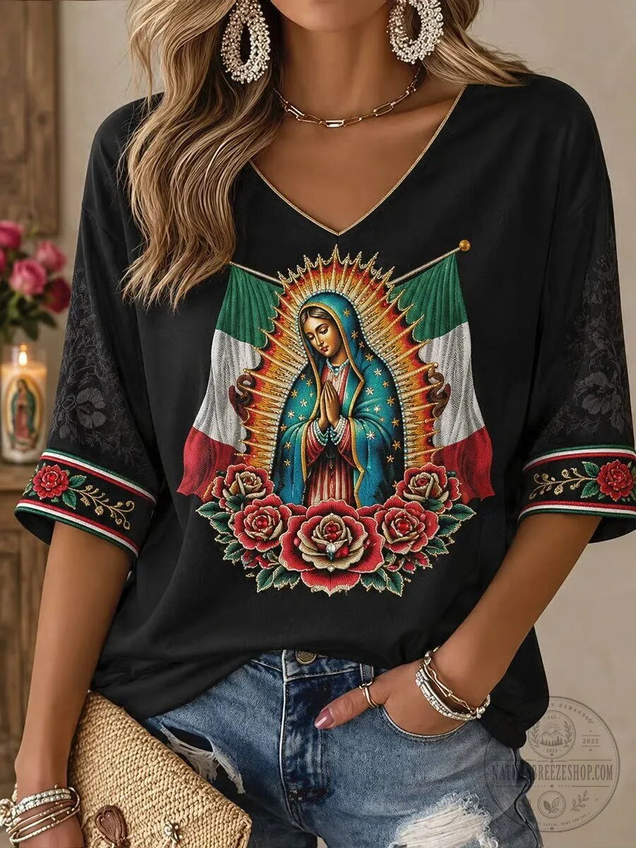 Our Lady of Guadalupe Mexican Flag Religious Devotion V-Neck T-Shirt 1 Our Lady of Guadalupe Mexican Flag Religious Devotion V-Neck T-Shirt