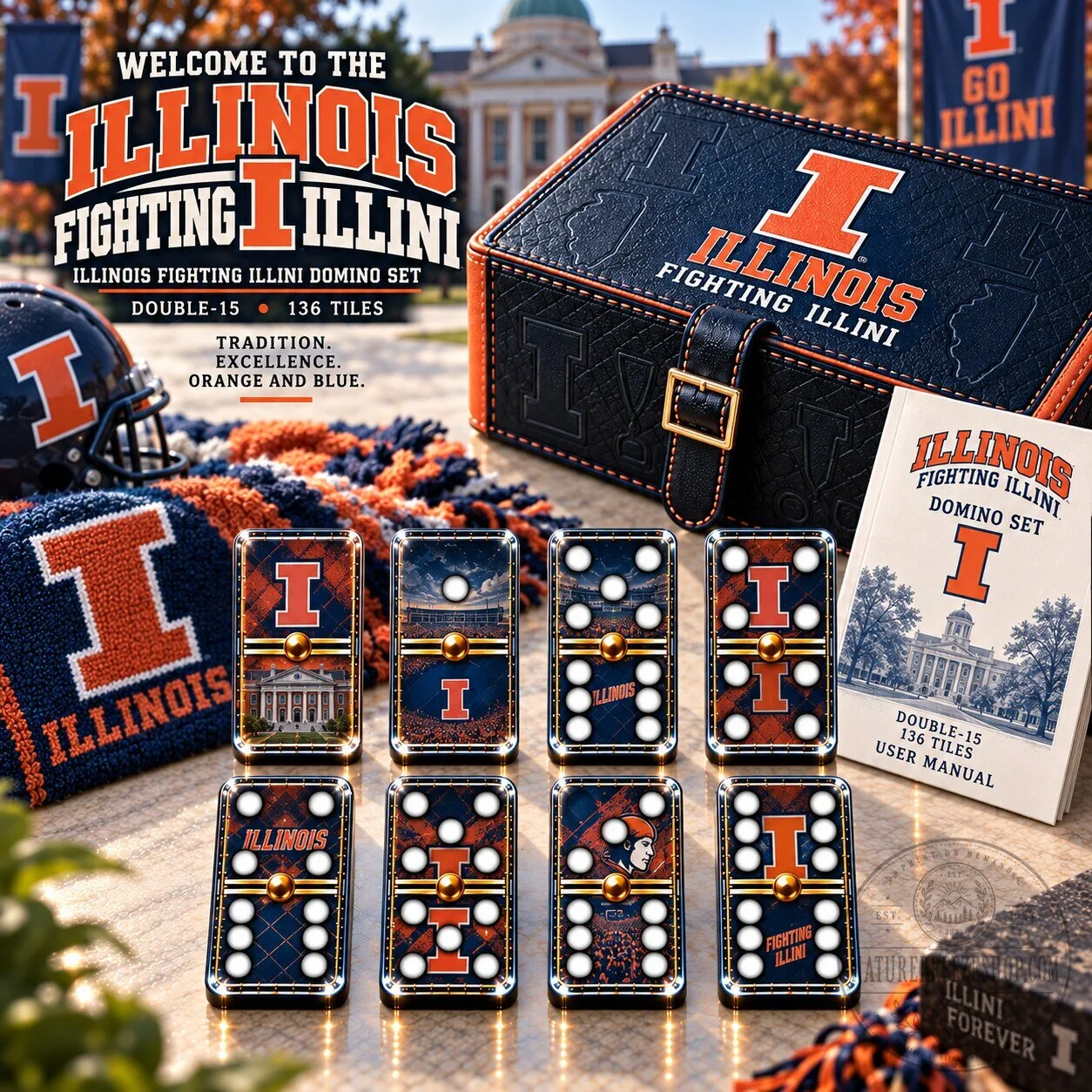 University of Illinois Fighting Illini Premium Double-15 Domino Set