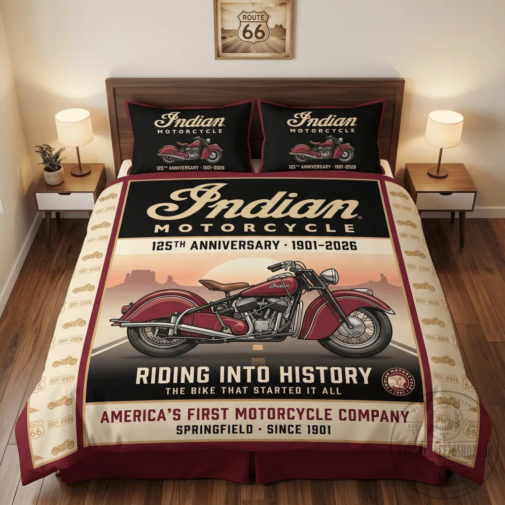Indian Motorcycle 125th Anniversary Riding Into History Bedding Set Indian Motorcycle 125th Anniversary Riding Into History Bedding Set