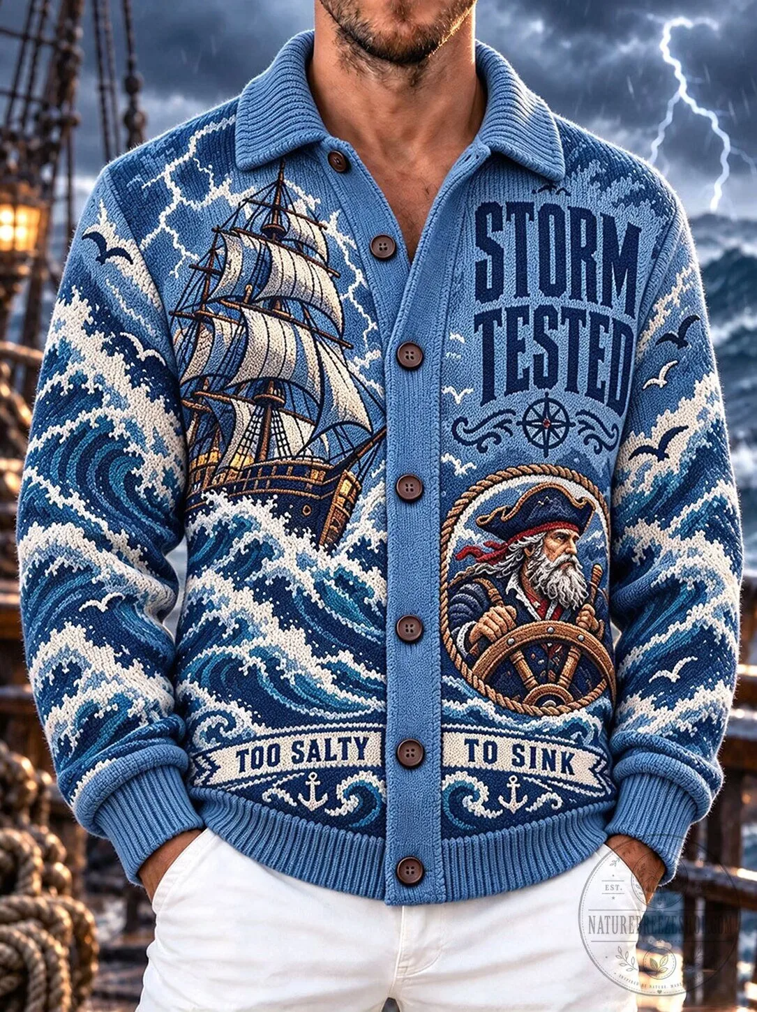 Storm Tested Pirate Ship and Captain Nautical Ocean Cardigan Sweater