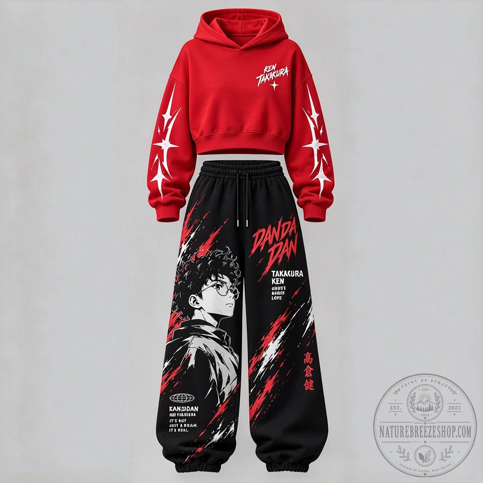 Dandadan Manga Ken Takakura Anime Character Red Cropped Hoodie and Sweatpants Set