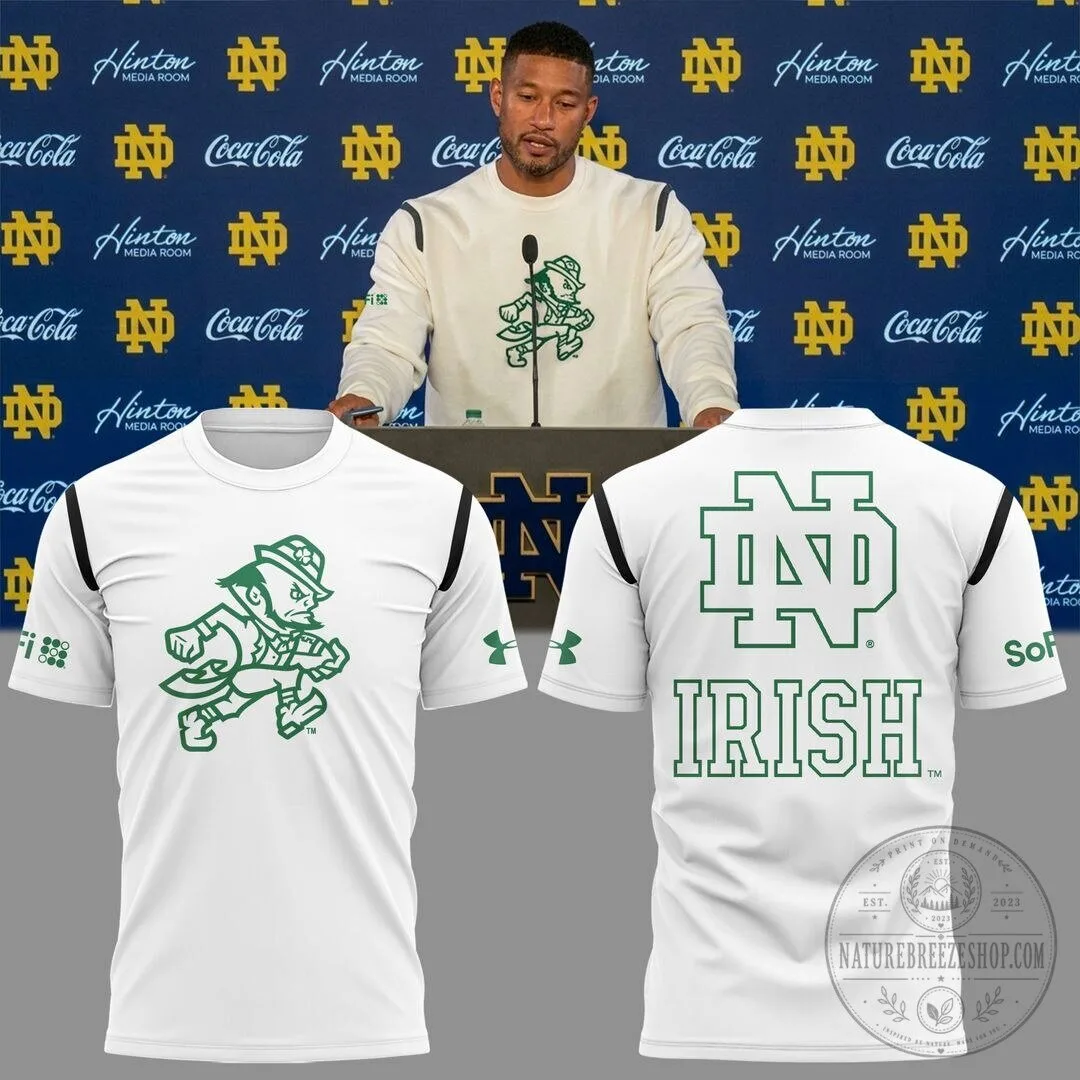 White Short-Sleeve T-Shirt Featuring Notre Dame Fighting Irish Football Mascot
