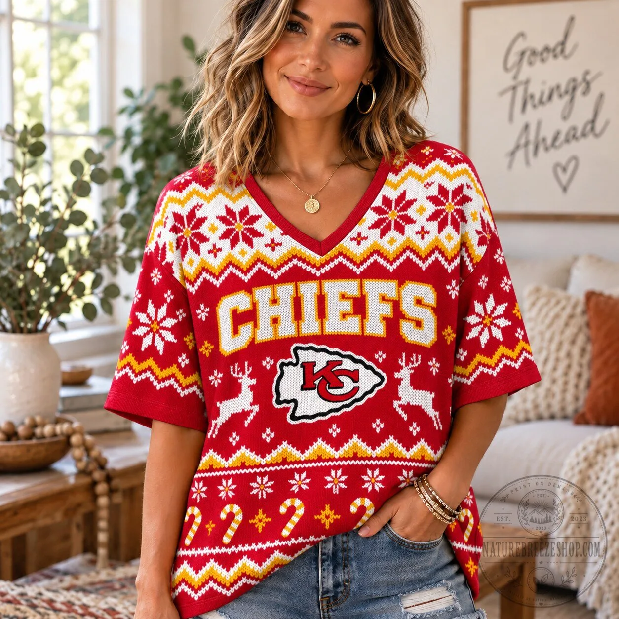 Kansas City Chiefs Ugly Christmas Sweater Style V-Neck Short Sleeve Top 5 Kansas City Chiefs Ugly Christmas Sweater Style V-Neck Short Sleeve Top