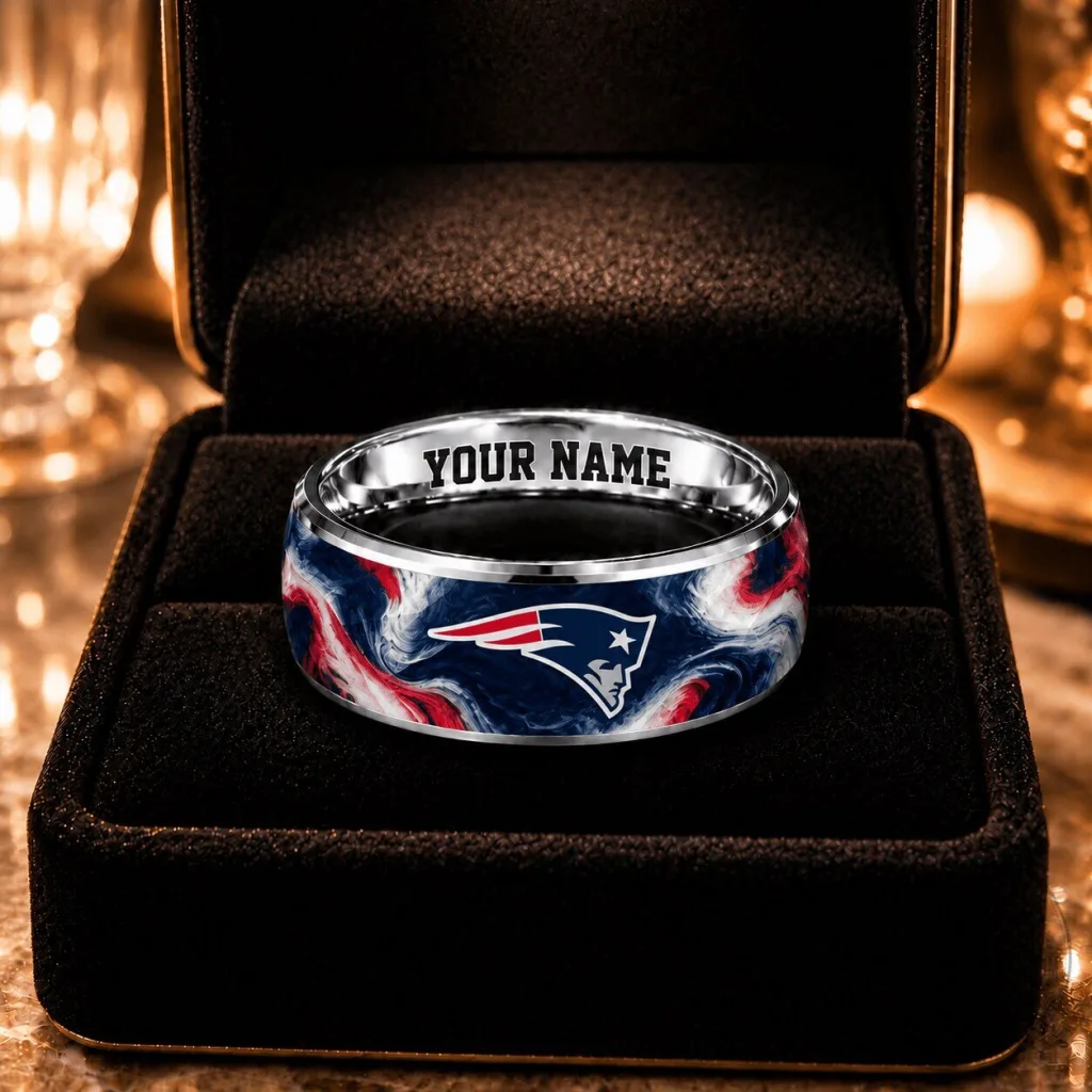 New England Patriots NFL Team Logo Custom Name Swirl Pattern Stainless Steel Ring New England Patriots NFL Team Logo Custom Name Swirl Pattern Stainless Steel Ring