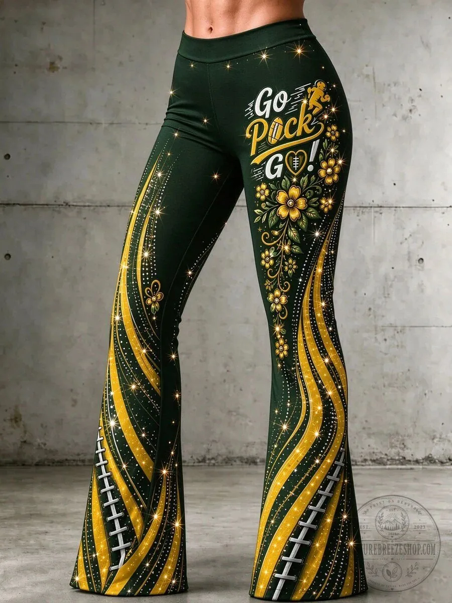 Green Bay Packers Women's Flared Yoga Pants - Go Pack Go Football Leggings 1 Green Bay Packers Women's Flared Yoga Pants - Go Pack Go Football Leggings