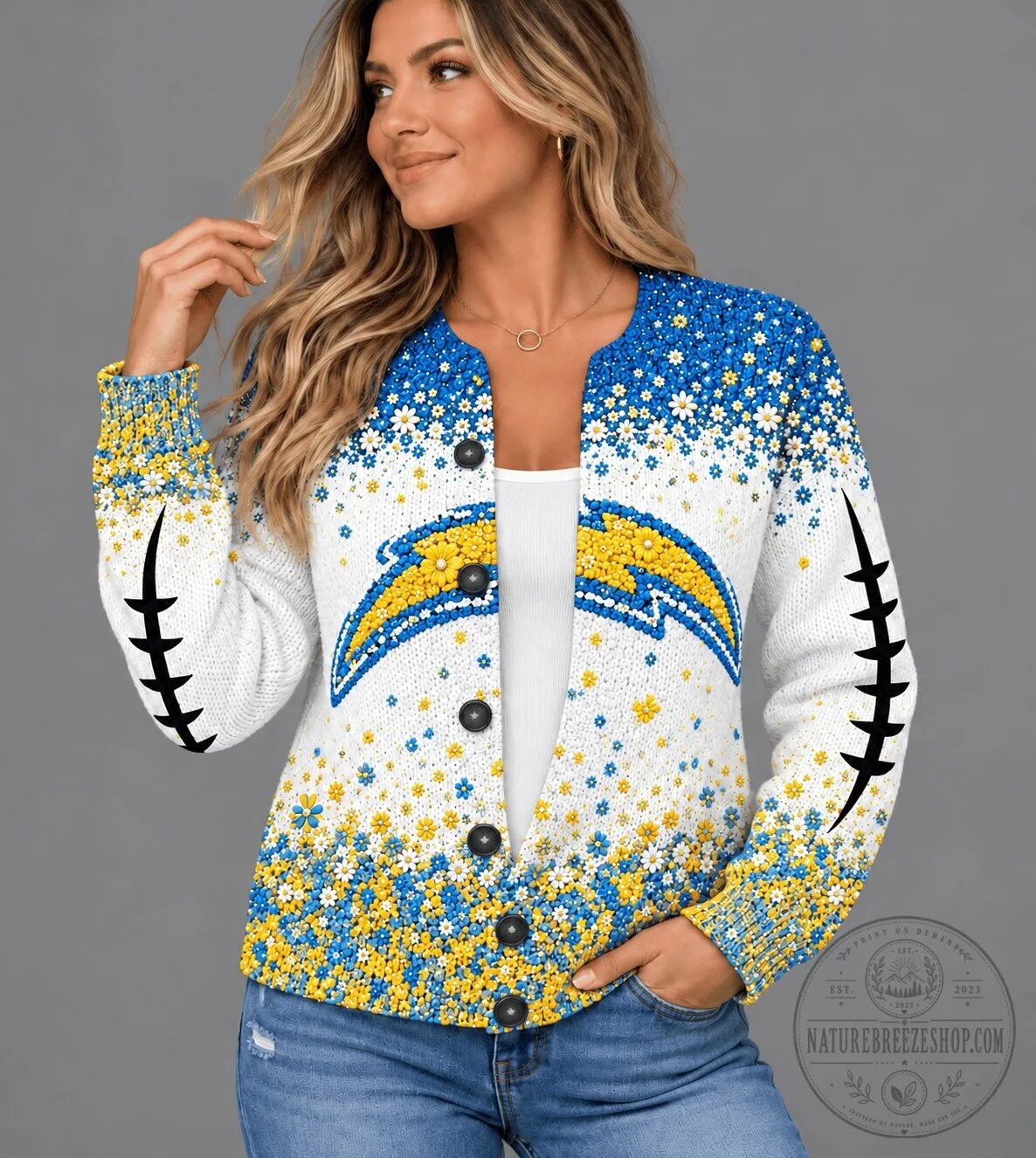 Los Angeles Chargers Floral Football Fan Cardigan Sweater for Women 2 Los Angeles Chargers Floral Football Fan Cardigan Sweater for Women