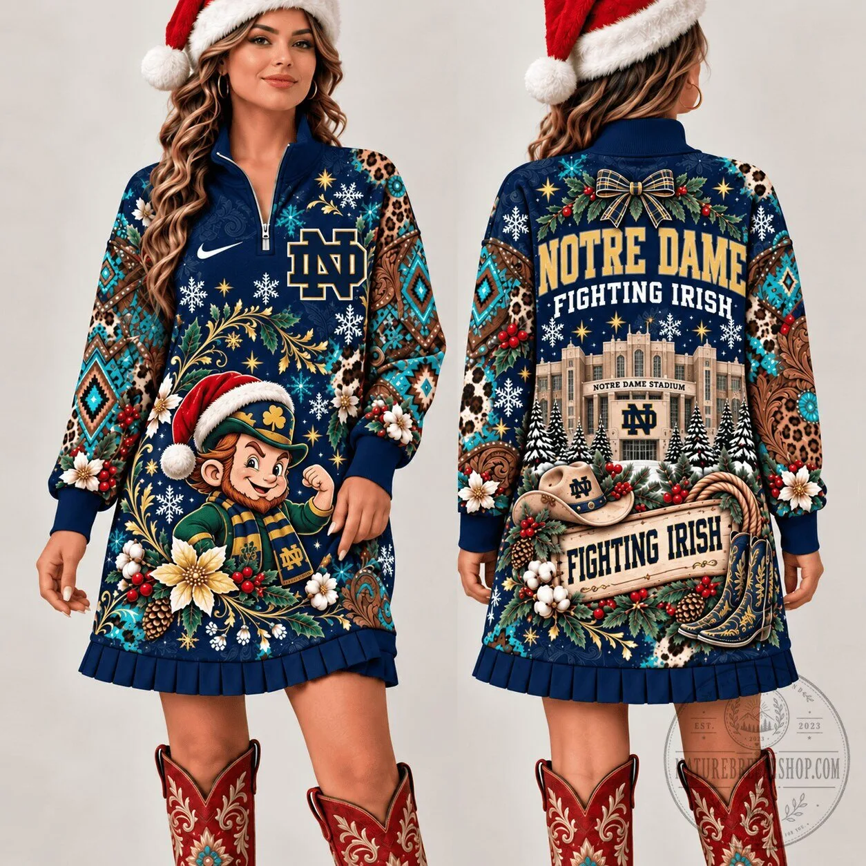 Notre Dame Fighting Irish Christmas Boho Pattern Quarter-Zip Sweatshirt Dress 5 Notre Dame Fighting Irish Christmas Boho Pattern Quarter-Zip Sweatshirt Dress