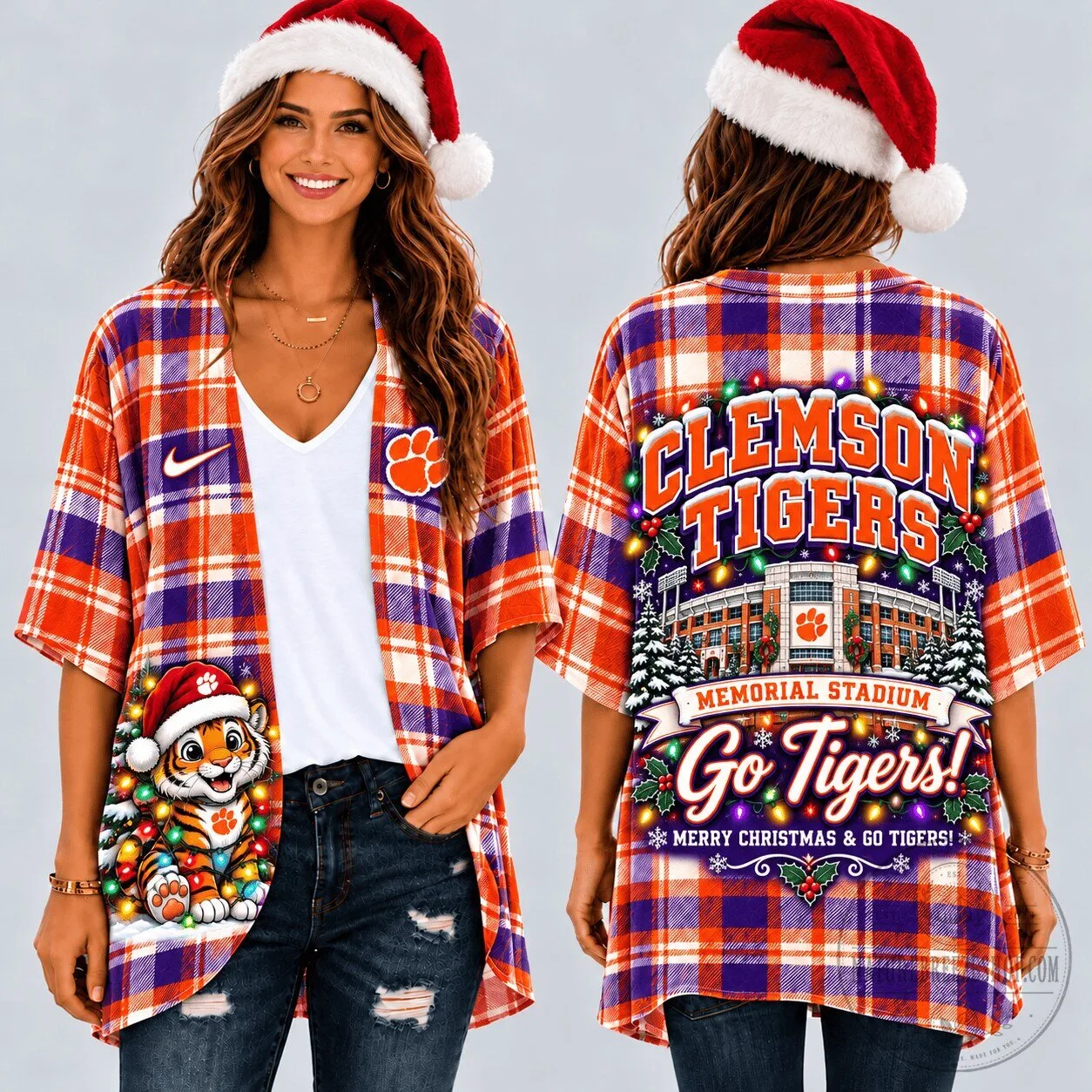Clemson Tigers Christmas Plaid Women's Kimono Cardigan with Santa Tiger