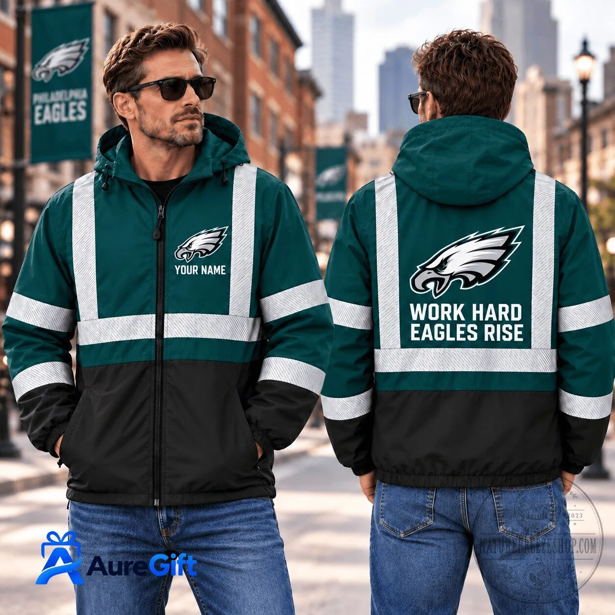 Philadelphia Eagles Personalized Work Hard Eagles Rise Reflective Windbreaker Jacket