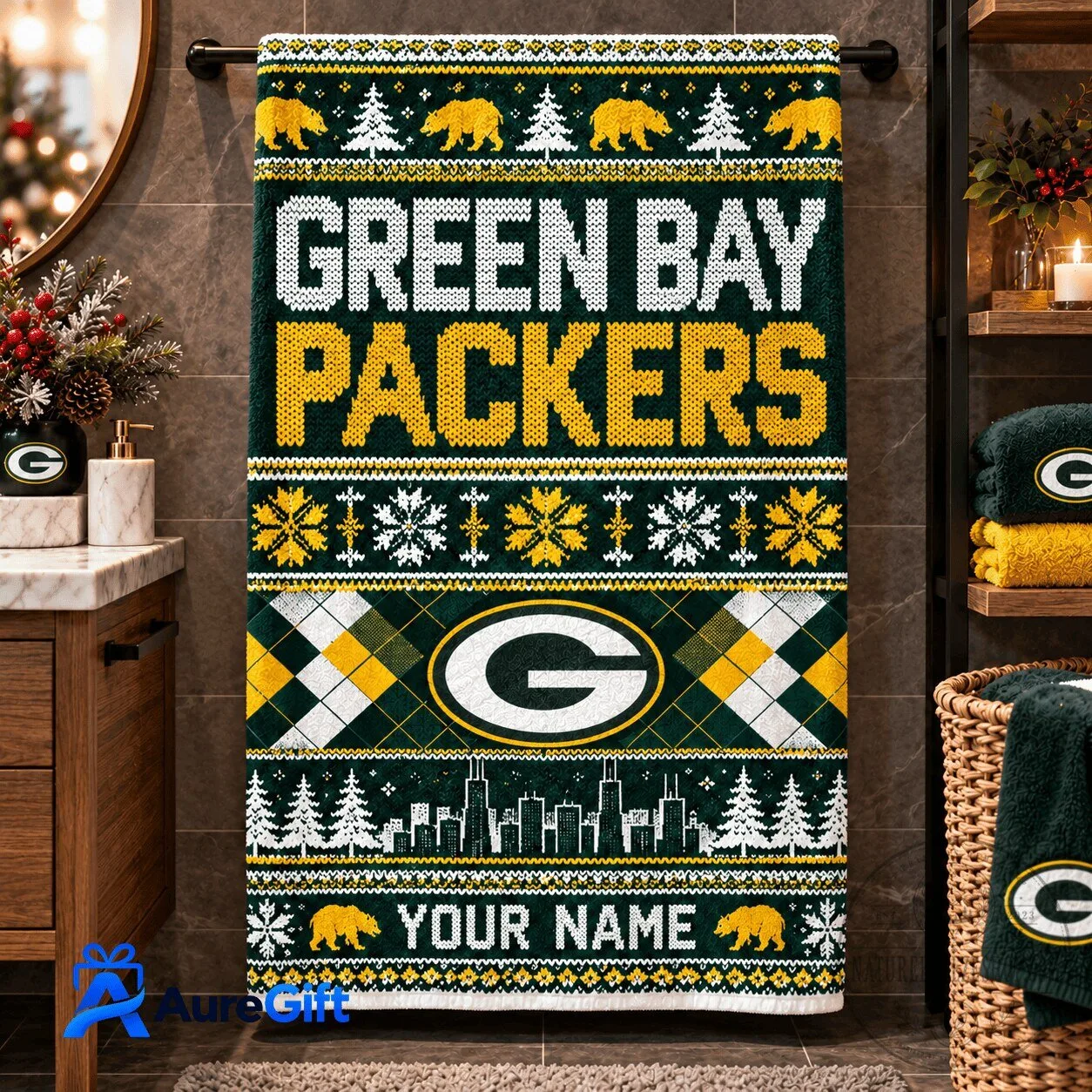Green Bay Packers Ugly Christmas Sweater Style Bath Towel