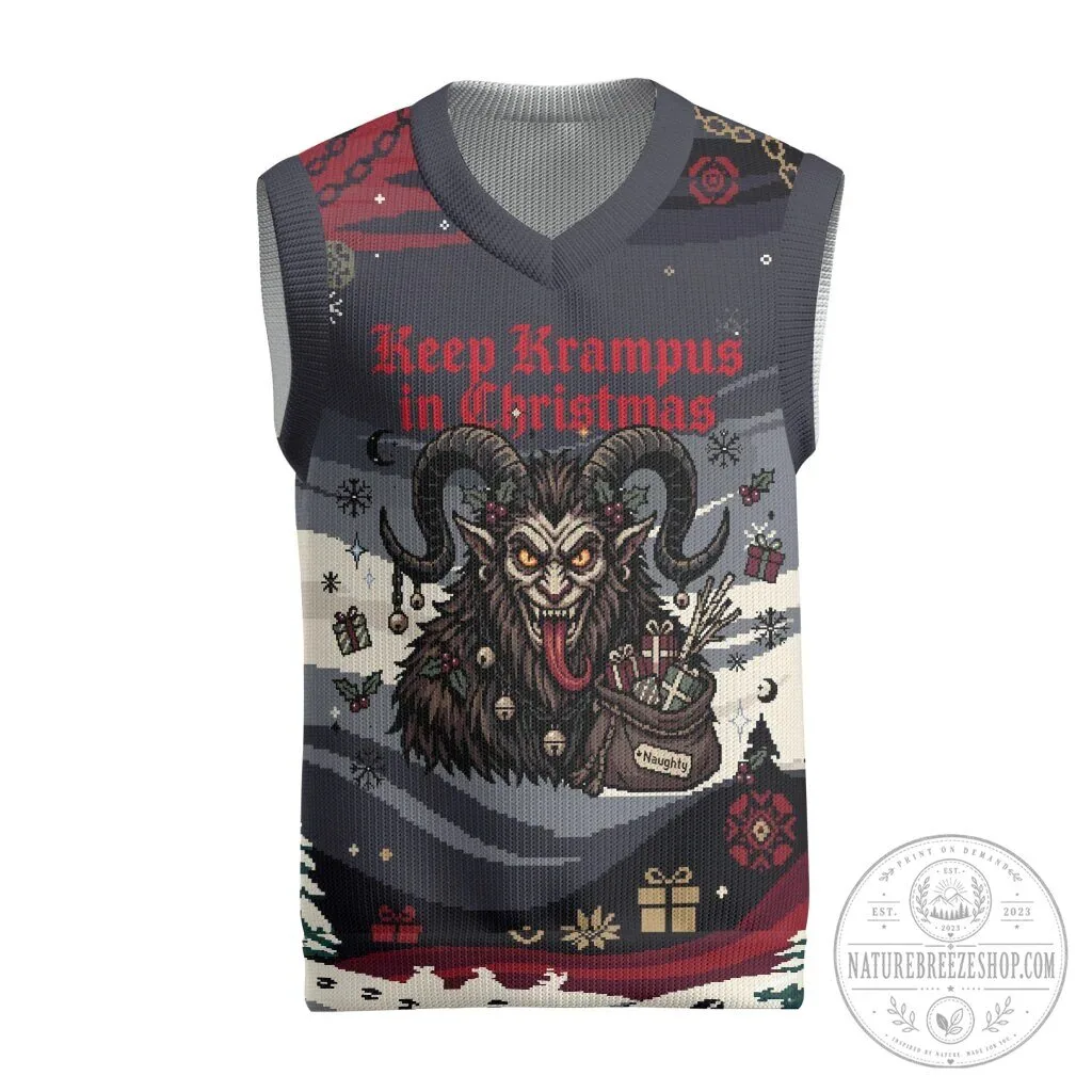 Keep Krampus In Christmas Knitted V-Neck Vest Gothic Dark Horror Mythical Creature Sweater