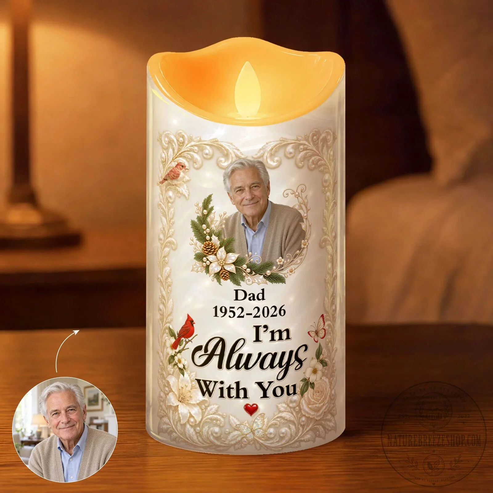 Personalized Memorial Photo LED Candle with Cardinal and Floral Design