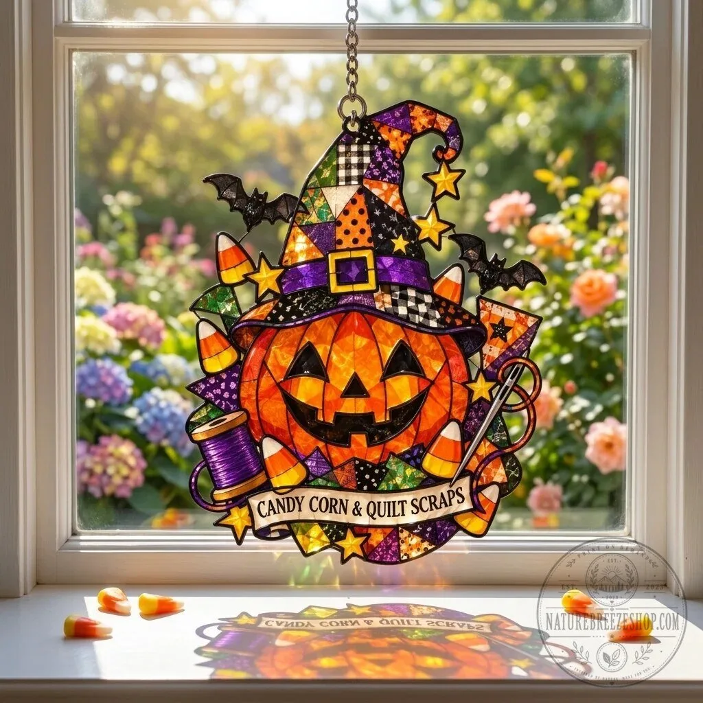 Halloween Pumpkin Candy Corn & Quilt Scraps Stained Glass Suncatcher