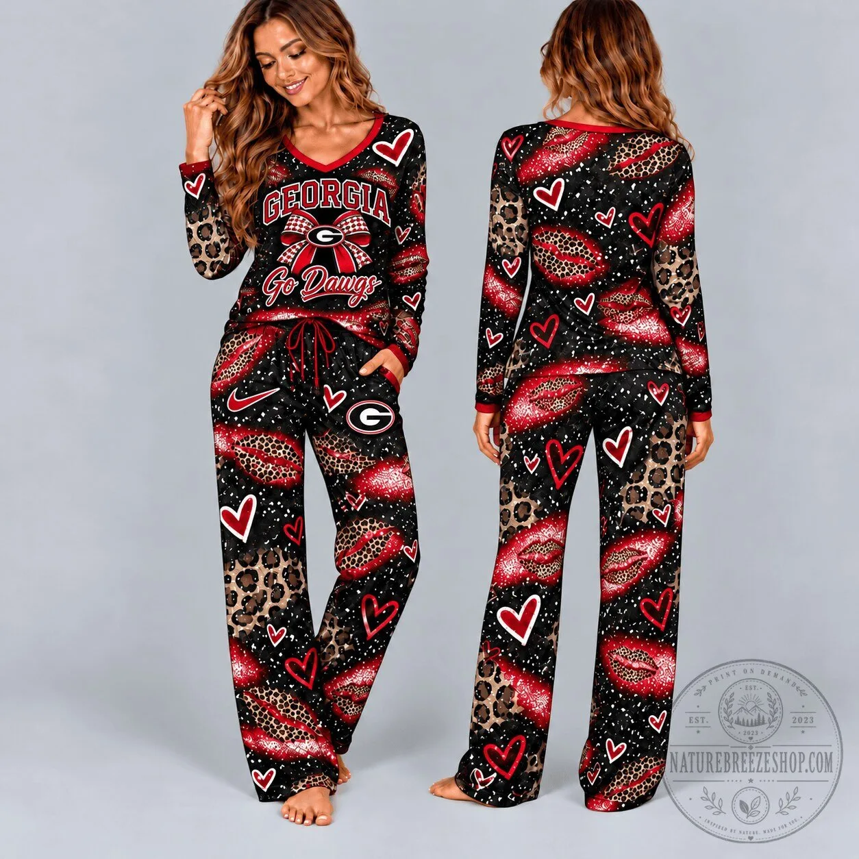 Georgia Bulldogs Leopard Print Heart Lips Pajamas Set 3 Georgia Bulldogs Leopard Print Heart Lips Pajamas Set