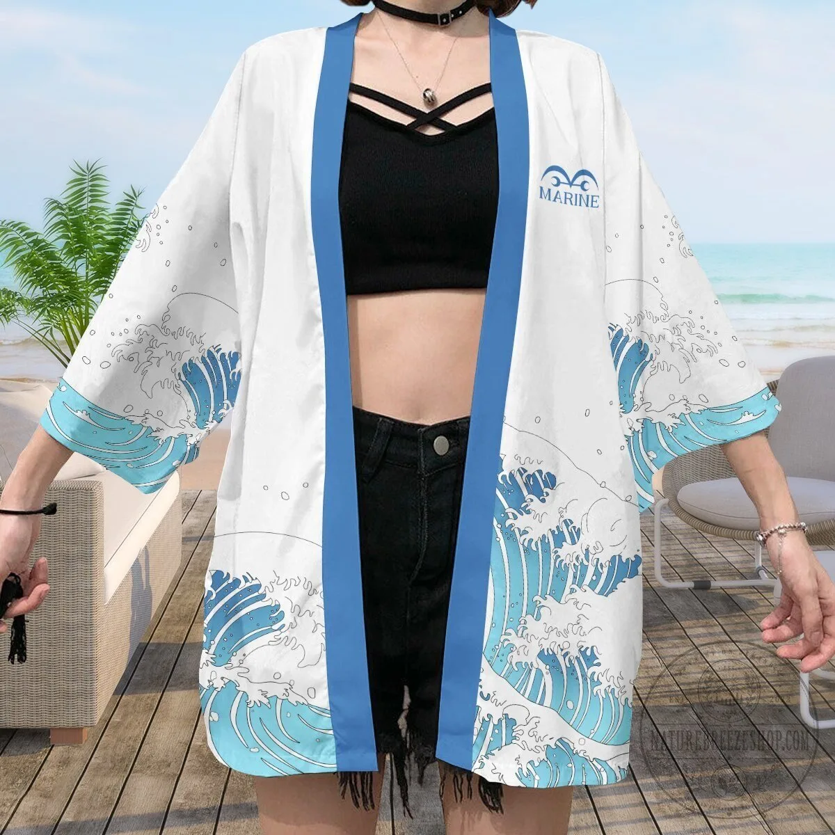One Piece Marines Japanese Waves White Kimono Robe 14 One Piece Marines Japanese Waves White Kimono Robe